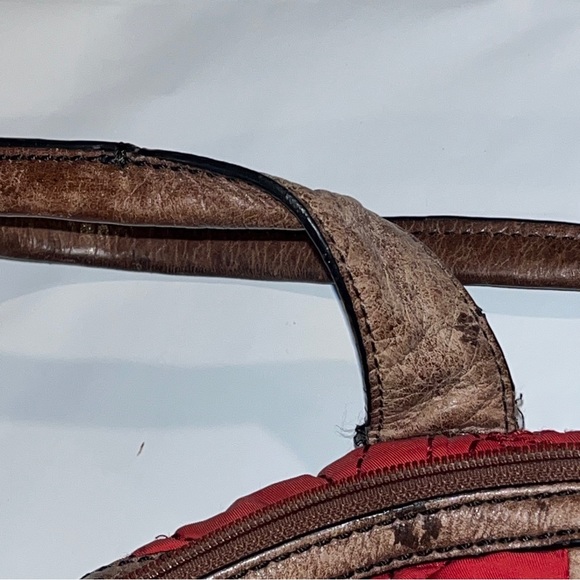 Fossil Key Per RED Handbag Purse Cranberry QUILTED Fabric Brown Leather TOTE 15” - Picture 9 of 14